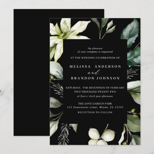 Greenery Black | Waterverf Botanische bruiloft Kaart (Voorkant / Achterkant)