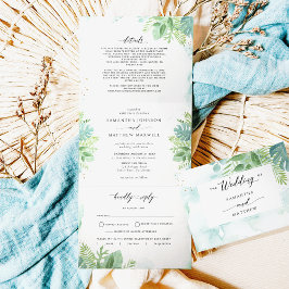 Greenery, Blauwe Groene Waterverf met RSVP Wedding Drieluik Uitnodiging