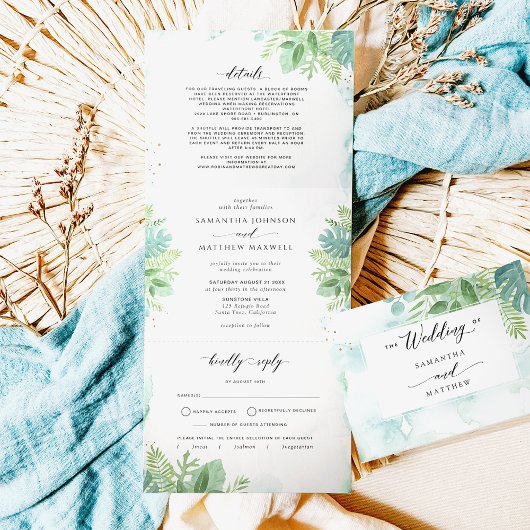 Greenery, Blauwe Groene Waterverf met RSVP Wedding Drieluik Uitnodiging