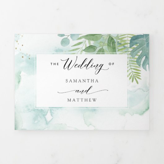 Greenery, Blauwe Groene Waterverf met RSVP Wedding Drieluik Uitnodiging (Cover)