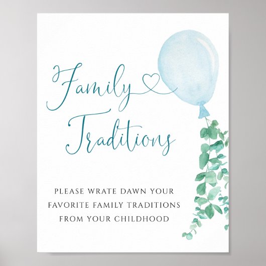 Greenery Blue Ballon Family Traditions Sign Poster (Voorkant)