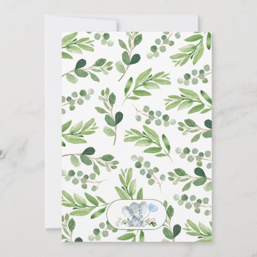 Greenery Blue Balloon Elephant Oh Boy Baby shower Kaart (Achterkant)
