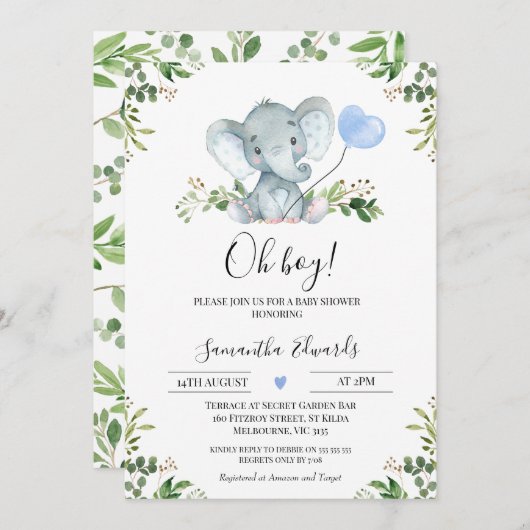 Greenery Blue Balloon Elephant Oh Boy Baby shower Kaart (Voorkant / Achterkant)