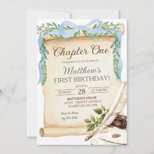 Greenery Blue Bow Storybook Chapter One Verjaardag Kaart (Voorkant)