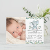 Greenery Blue Elephant Baptism Christening Foto Kaart (Staand voorkant)