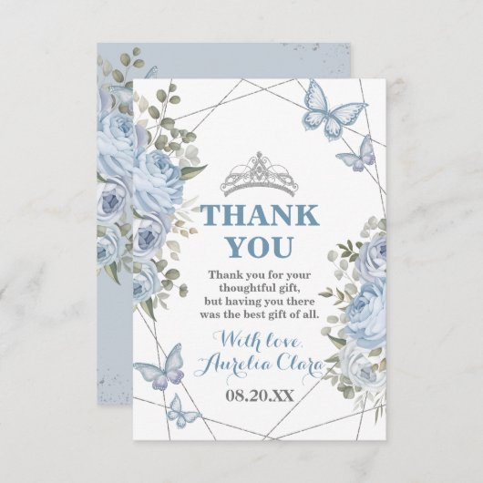 Greenery Blue Floral Butterflies 16e Quinceañera Bedankkaart (Voorkant / Achterkant)