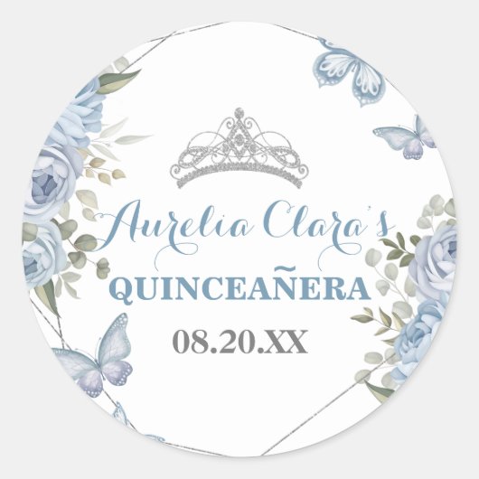 Greenery Blue Floral Butterflies 16e Quinceañera Ronde Sticker (Voorkant)