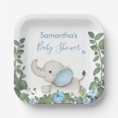 Greenery Blue Floral Elephant Baby shower Papieren Bordje (Voorkant)