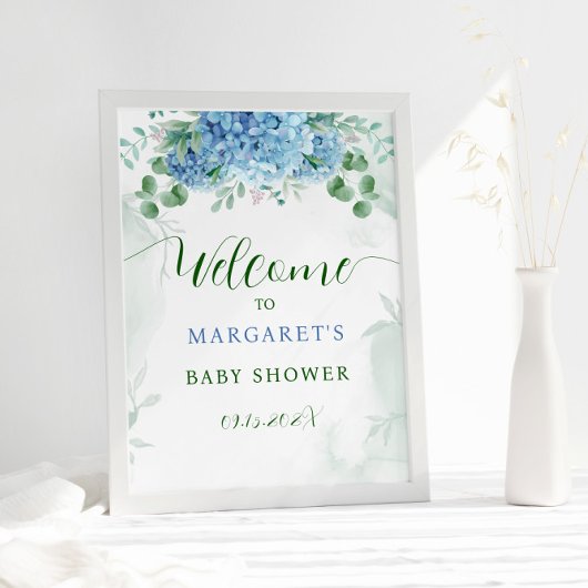 Greenery Blue Hydrangea Baby shower Welkom Poster