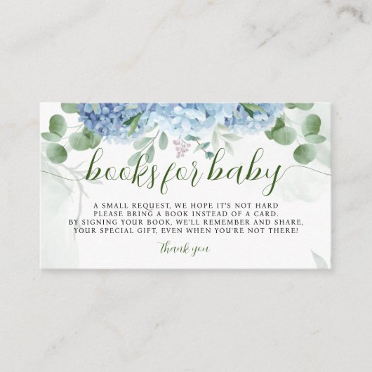 Greenery Blue hydrangea Books for Baby shower Informatiekaartje (Voorkant)