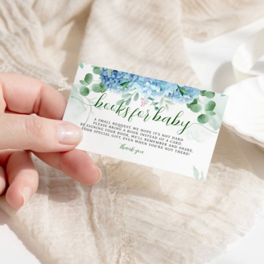 Greenery Blue hydrangea Books for Baby shower Informatiekaartje