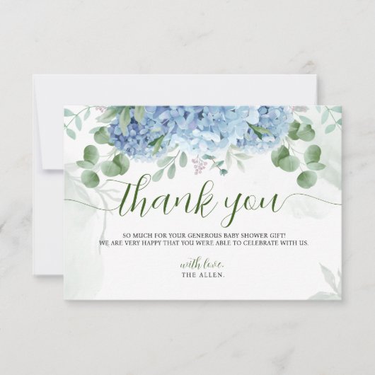 Greenery Blue hydrangea Dank u Baby shower Bedankkaart (Voorkant)