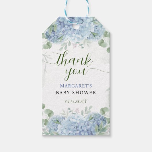 Greenery Blue hydrangea Dank u Baby shower Cadeaulabel (Voorkant)