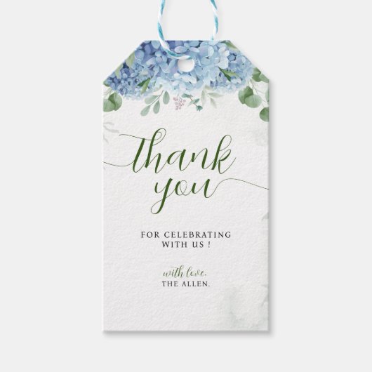 Greenery Blue hydrangea Dank u Baby shower Cadeaulabel (Voorkant)