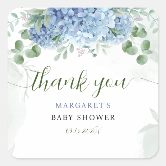 Greenery Blue hydrangea Dank u Baby shower Vierkante Sticker (Voorkant)