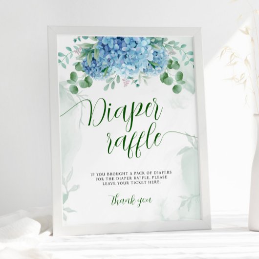 Greenery Blue hydrangea Diaper Baby shower Raffle Poster