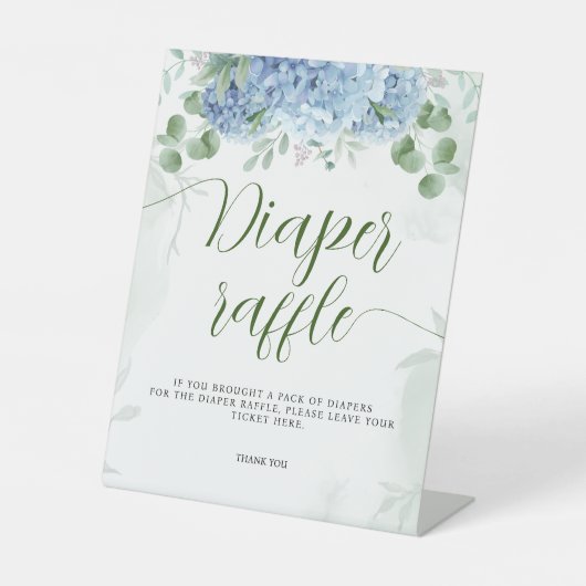 Greenery Blue hydrangea Diaper Baby shower Raffle Reclamebord Met Voetstuk (Voorkant)