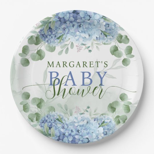 Greenery Blue hydrangea is een Baby shower Papieren Bordje (Voorkant)