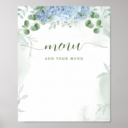 Greenery Blue hydrangea Menu Baby shower Poster (Voorkant)