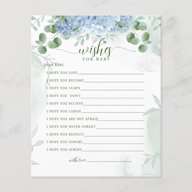 Greenery Blue hydrangea Wishes for Baby shower (Voorkant)