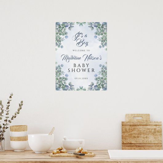 Greenery Blue is een Baby shower. Welkom Poster (Keuken)