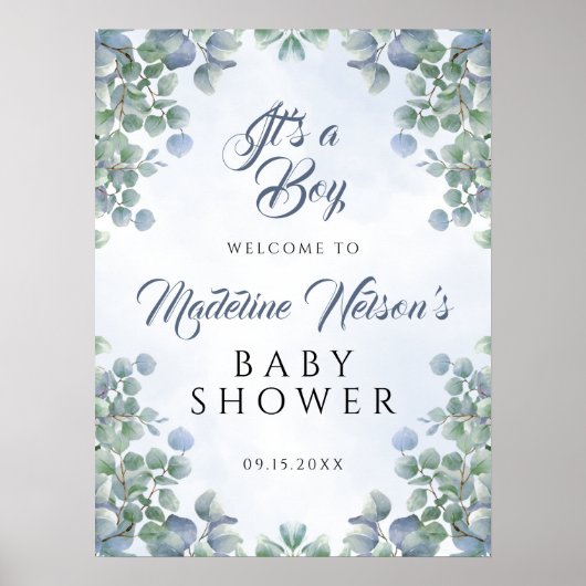 Greenery Blue is een Baby shower. Welkom Poster (Voorkant)