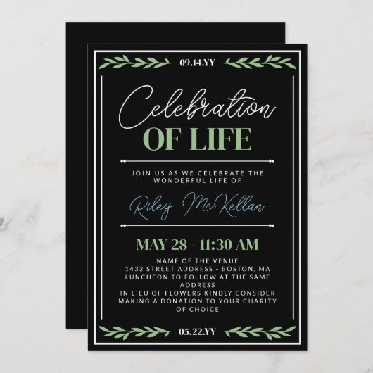 Greenery Blue Script Celebration of Life Kaart (Voorkant / Achterkant)