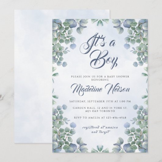 Greenery Blue Waterverf is een Baby shower Kaart (Voorkant / Achterkant)