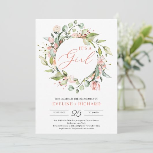 Greenery blush bloemenkrans script het is een meis kaart (Staand voorkant)
