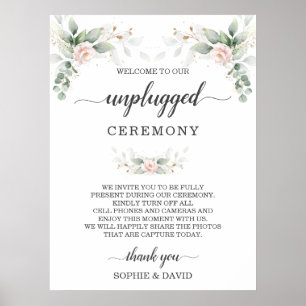Greenery Blush Floral Gold Unplugged Ceremony Sign Poster