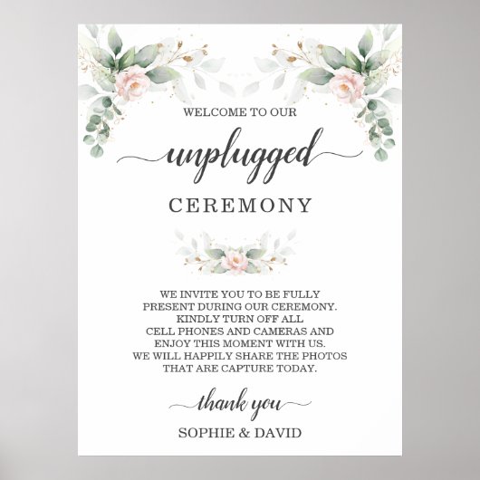Greenery Blush Floral Gold Unplugged Ceremony Sign Poster (Voorkant)
