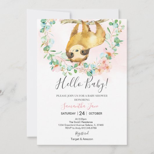 Greenery Blush Pink Cute Sloth Baby shower Girl Kaart (Voorkant)