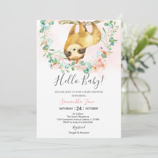 Greenery Blush Pink Cute Sloth Baby shower Girl Kaart (Staand voorkant)