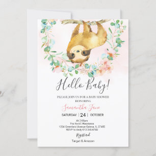 Greenery Blush Pink Cute Sloth Baby shower Girl Kaart