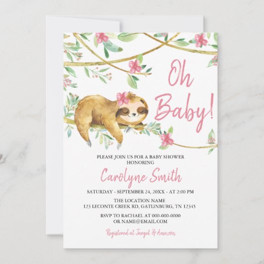 Greenery Blush Pink Cute Sloth Baby shower Invitat Kaart (Voorkant)