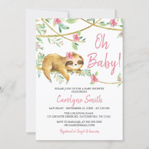 Greenery Blush Pink Cute Sloth Baby shower Invitat Kaart