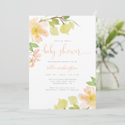 Greenery & Blush Pink Floral Script Baby shower Kaart (Staand voorkant)