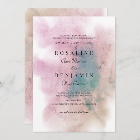 Greenery Blush Pink Waterverf Abstract huwelijk Kaart (Voorkant / Achterkant)