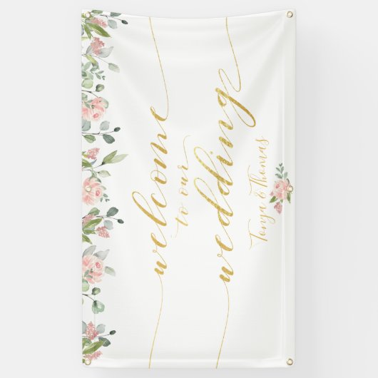 Greenery & Blush Roze Goud Kalligrafie Welkom Spandoek (Verticaal)