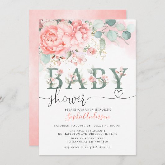 Greenery Blush Roze Roos Goud Elegant Baby shower Kaart (Voorkant / Achterkant)