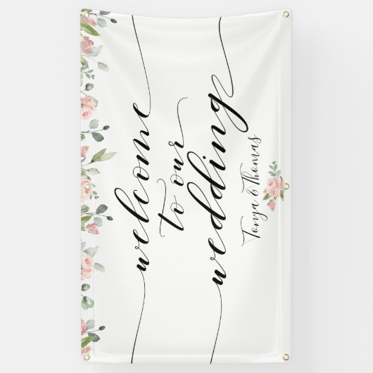 Greenery & Blush Roze Zwarte Kalligrafie Welkom Spandoek (Verticaal)