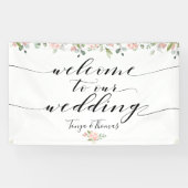 Greenery & Blush Roze Zwarte Kalligrafie Welkom Spandoek (Horizontaal)