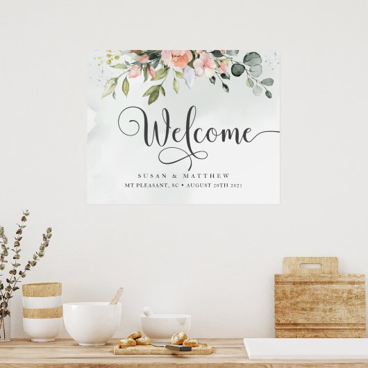 Greenery Blush Wedding Welcome Sign Poster (Keuken)