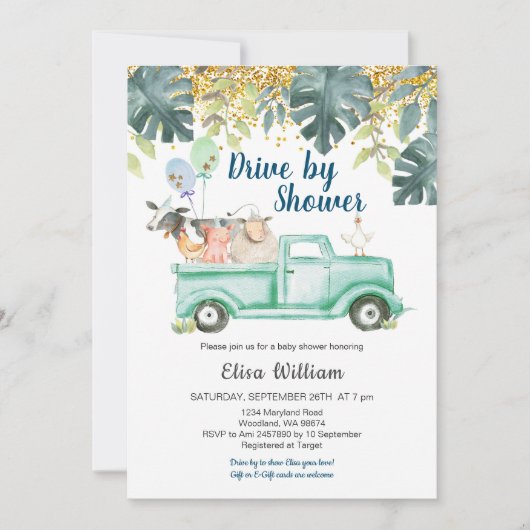 Greenery boerderij animal boy baby shower-uitnodig kaart (Voorkant)