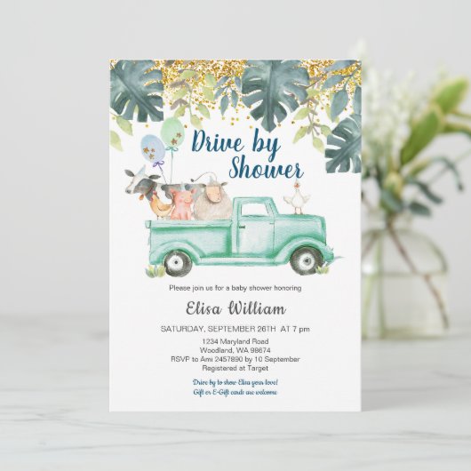 Greenery boerderij animal boy baby shower-uitnodig kaart (Staand voorkant)