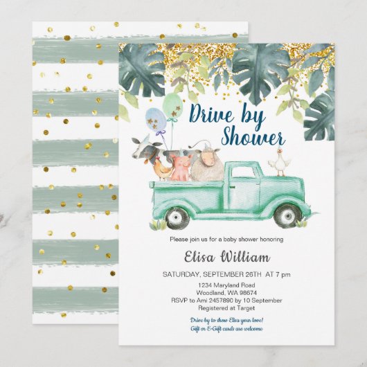 Greenery boerderij animal boy baby shower-uitnodig kaart (Voorkant / Achterkant)