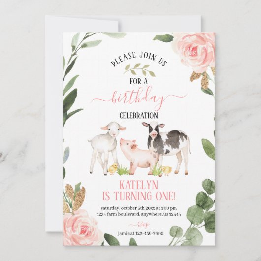 Greenery Boerderij Birthday Invitation with Flower Kaart (Voorkant)