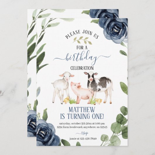 Greenery Boerderij Birthday Invitation with Flower Kaart (Voorkant / Achterkant)