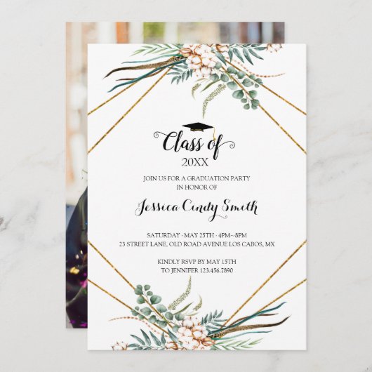 Greenery Boho Eucalyptus Leaves Foto Afstuderen Kaart (Voorkant / Achterkant)