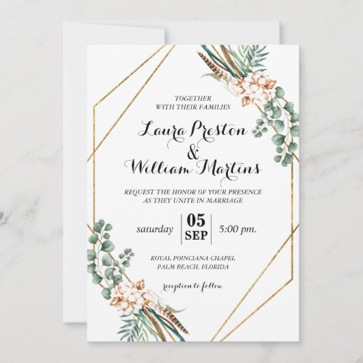 Greenery Boho Glitter Geometric Lijst Wedding Kaart (Voorkant)